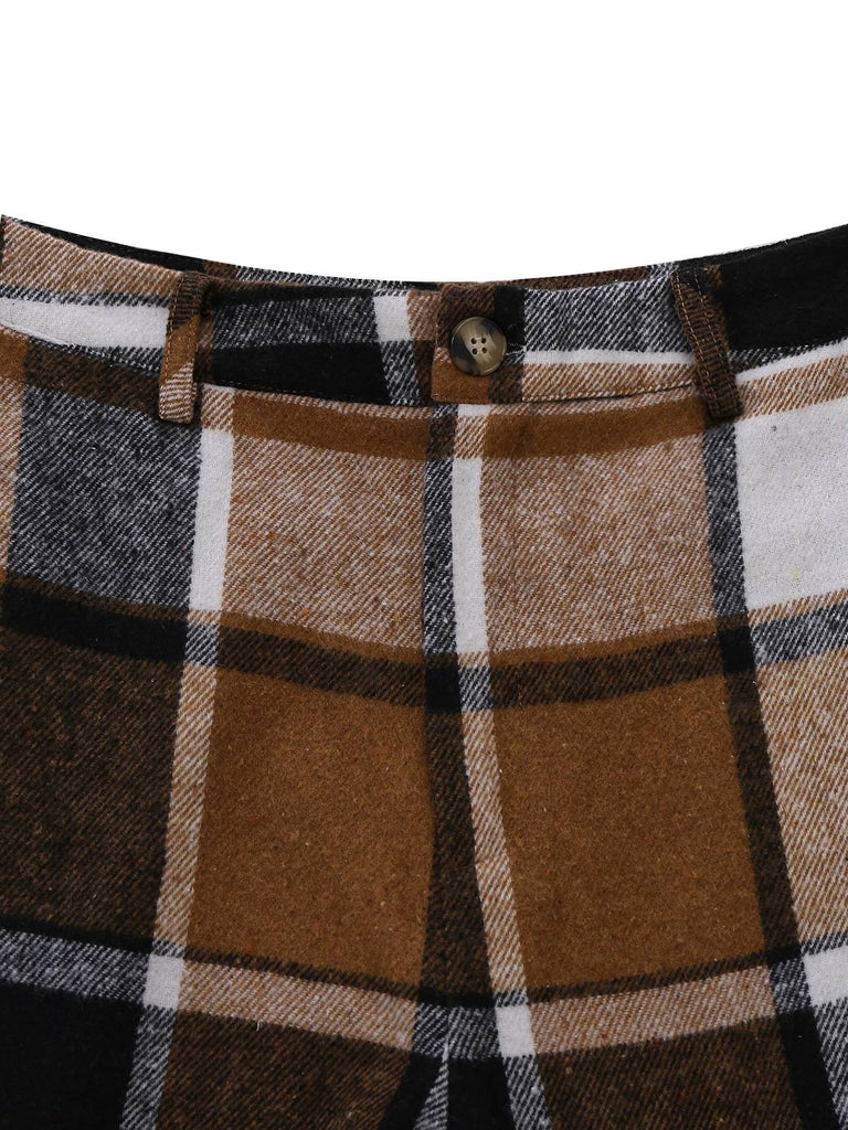 2PCS Khaki 1950s Faux Wool Plaid Sleeveless Vest & Pants - vintage fashion, retro style
