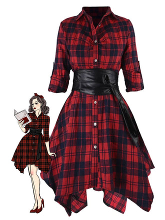 1950s 3/4 Sleeve Plaid Belt Dress: timeless style reimagined