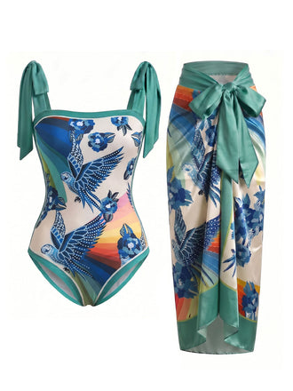 [Pre-Sale] 1950s Animal Print Rainbow One-Piece Swimsuit & Cover Up, vintage swimsuit, pin-up swimwear - perfect for women who love vintage and retro fashion