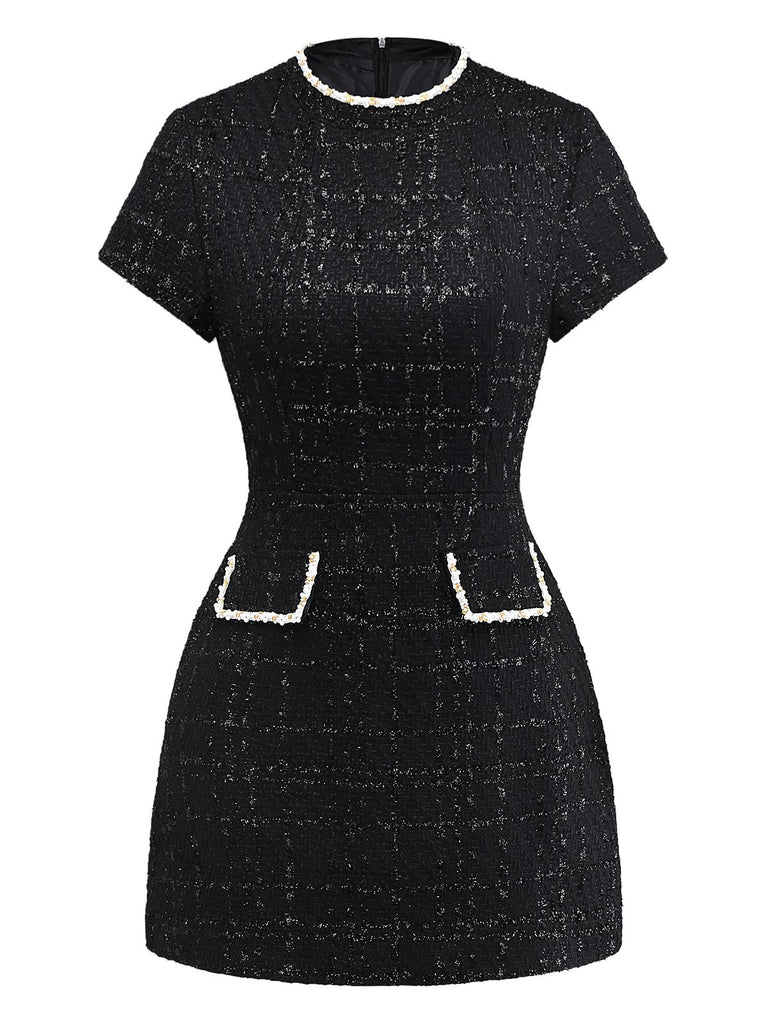 1950s Binding Pearl-Trimmed Collar Tweed Dress - vintage dress, retro fashion, rockabilly