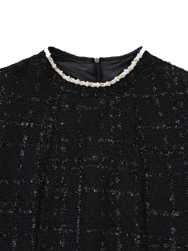 1950s Binding Pearl-Trimmed Collar Tweed Dress - vintage dress, retro fashion, rockabilly