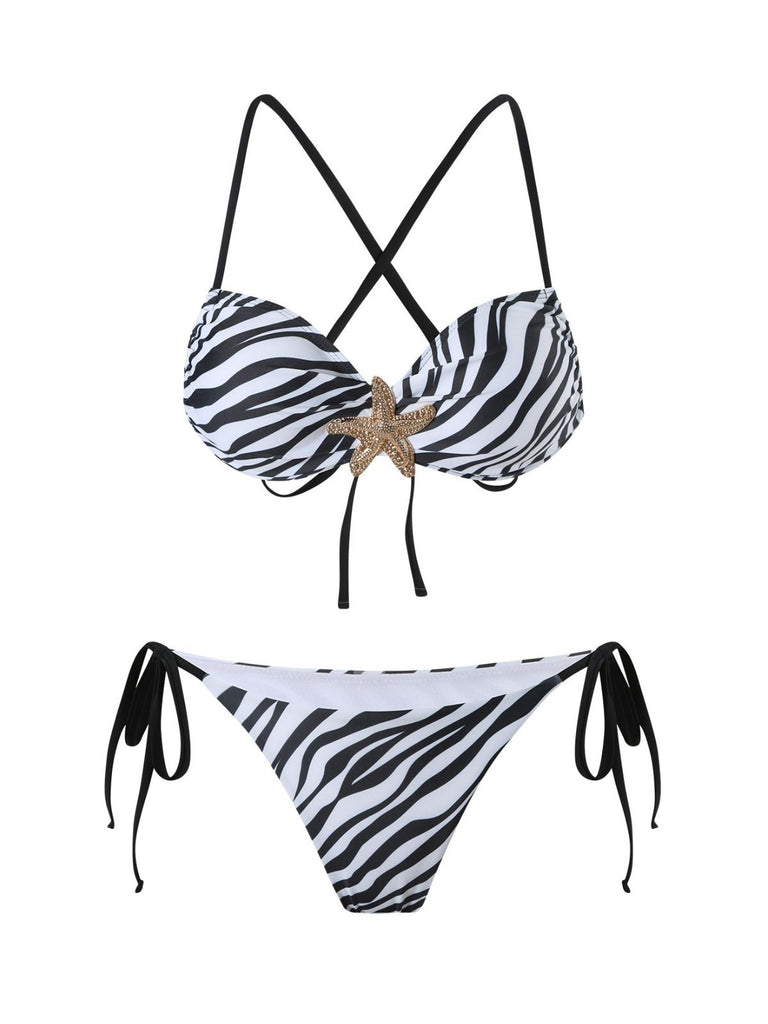 Black & White 1950s Zebra Stripes Starfish Bikini Set - vintage fashion, retro style, classic black