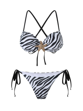 Black & White 1950s Zebra Stripes Starfish Bikini Set - vintage fashion, retro style, classic black