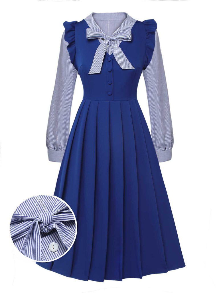 2Pcs Blue 1950s Tie Neck Stripes Blouse & Ruffles Vest Dress - vintage dress, retro fashion, rockabilly