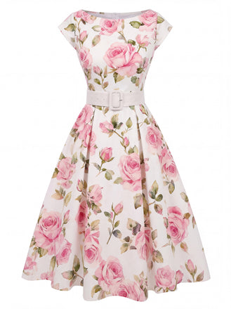 1950s Boat Neck Daisy Belted Dress - vintage dress, retro fashion for women