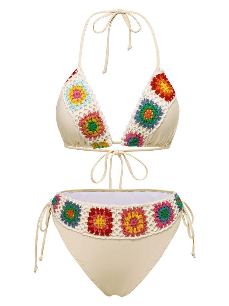 1950s Boho Crochet Lace-Up Halter Bikini Set - vintage fashion, retro style