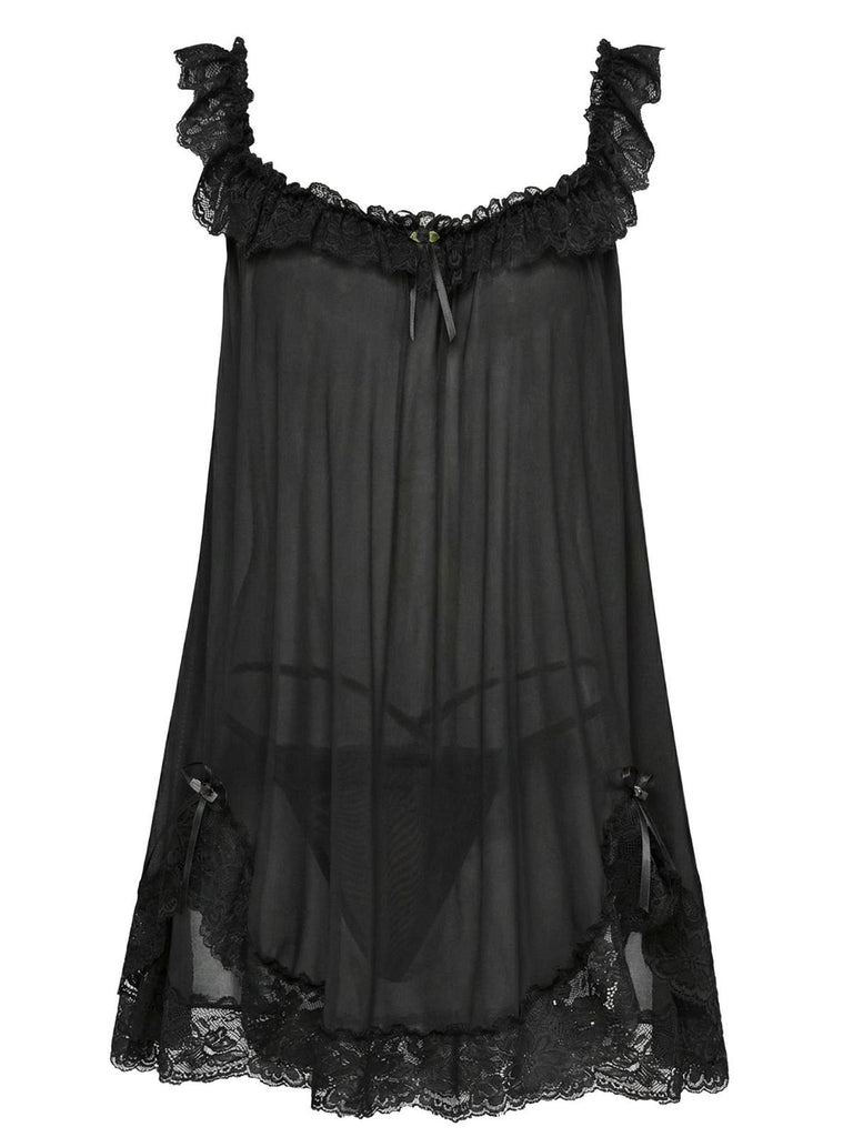1950s Bow Lace Trim Sheer Mesh Babydoll Nightgown - vintage nightgown, retro sleepwear