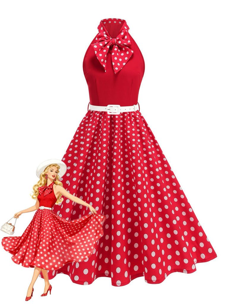 1950s Bow Tie Neck Polka Dot Belted Dress - vintage dress, retro fashion, rockabilly
