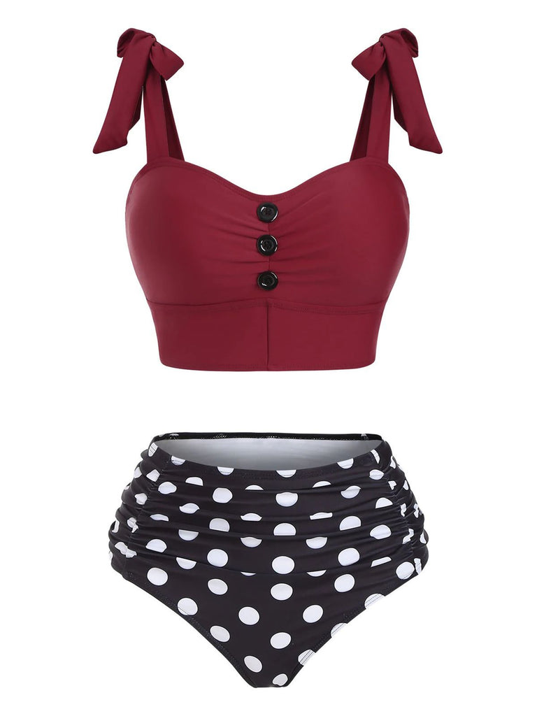 This 1950s Bowknot Spaghetti Strap Button Bikini carries 1950s vacation dreams in every stitch