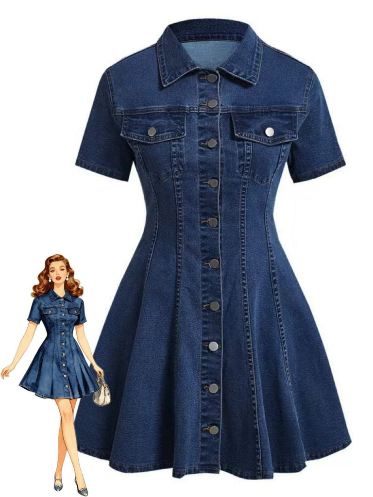 Blue 1950s Button Lapel Short Sleeve Denim Dress