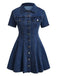 Blue 1950s Button Lapel Short Sleeve Denim Dress