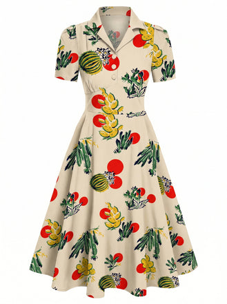 1950s Cactus Print Collar Short Sleeve Swing Dress