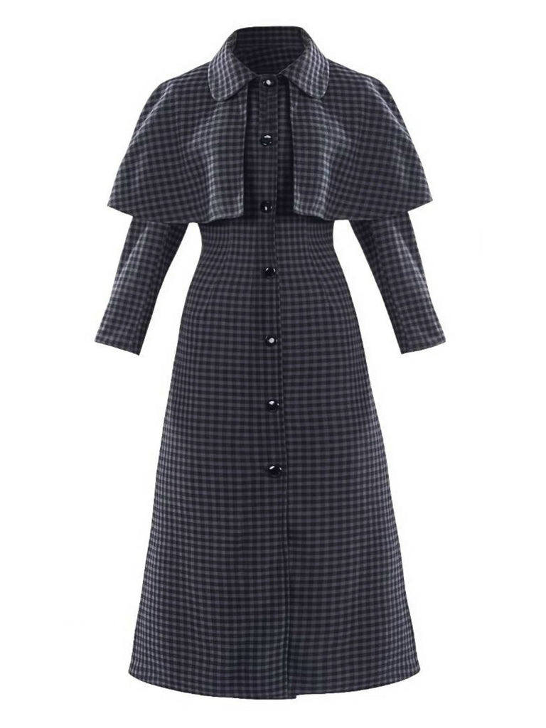 Gray 1950s Halloween Wednesday Plaid Faux-Wool Cape Coat - vintage fashion, retro style