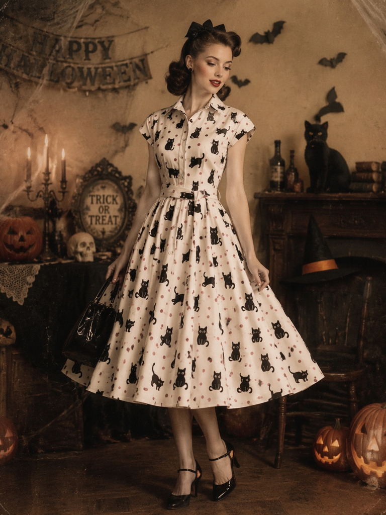 1950s Cat Polka Dot Belted Shirt Dress, vintage dress, retro fashion, rockabilly, pin-up fashion - perfect for women who love vintage and retro fashion