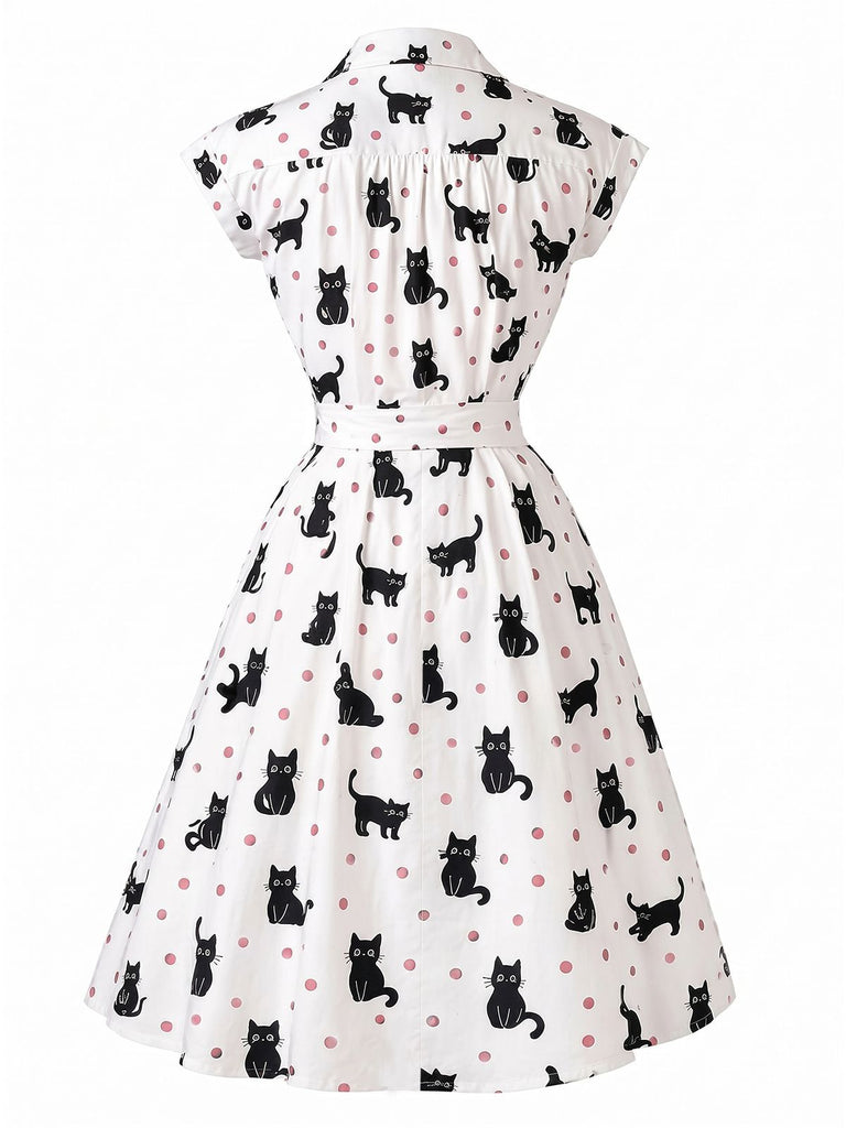 1950s Cat Polka Dot Belted Shirt Dress, vintage dress, retro fashion, rockabilly, pin-up fashion - vintage inspired fashion