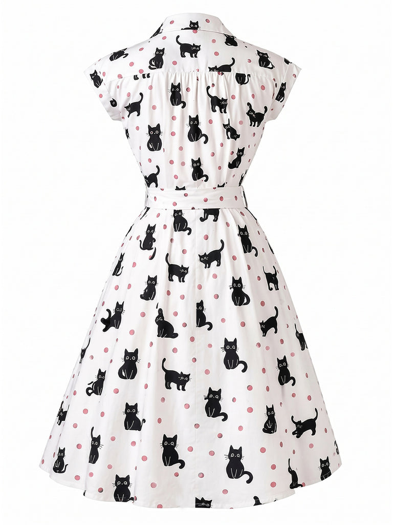 [Pre-Sale] 1950s Cat Polka Dot Belted Shirt Dress, vintage dress, retro fashion, rockabilly, pin-up fashion - perfect for women who love vintage and retro fashion