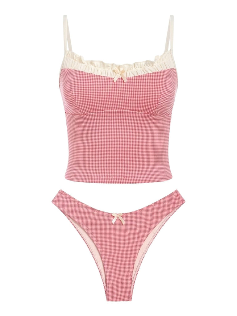 1950s Checkered Lace Trim Tankini Set - vintage fashion, retro style, elegant red