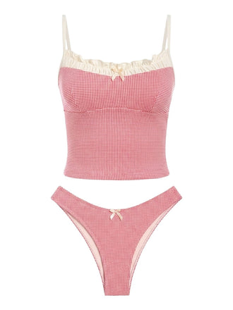 1950s Checkered Lace Trim Tankini Set - vintage fashion, retro style, elegant red