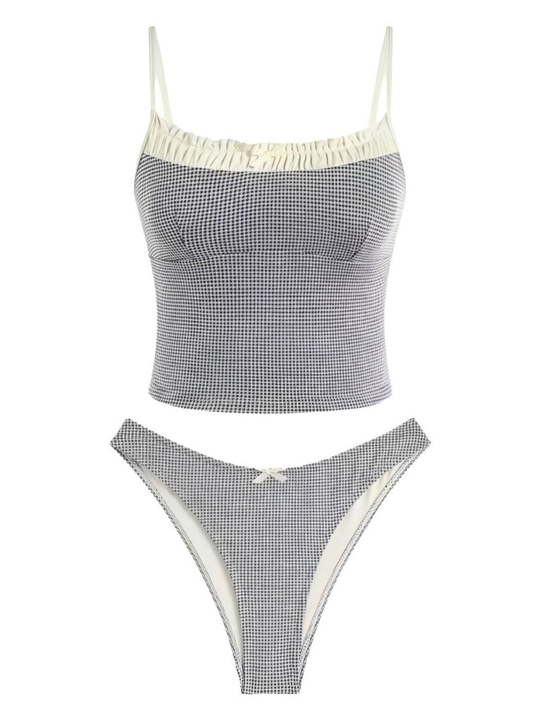 1950s Checkered Lace Trim Tankini Set - vintage fashion, retro style, elegant red