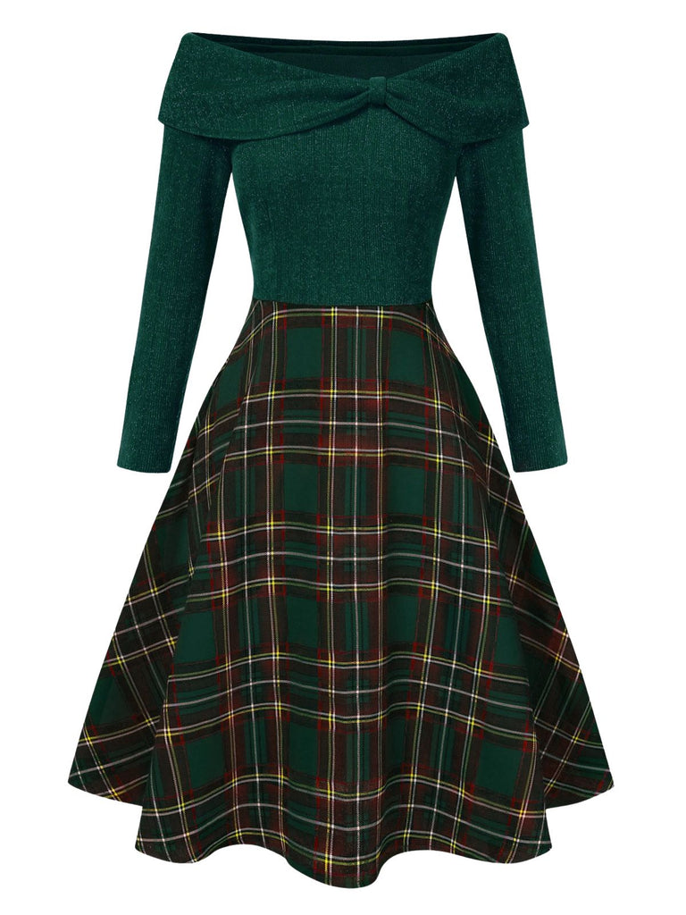 She slips into this 1950s Christmas Off Shoulder Tartan Dress and suddenly it's a 1950s daydream