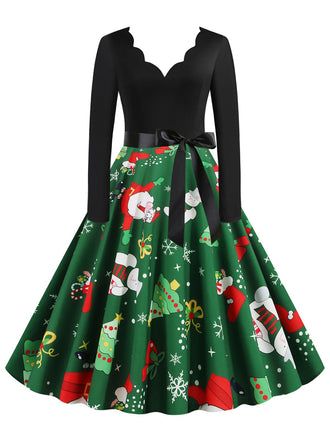 She slips into this 1950s Christmas Petal Collar Patchwork Dress and suddenly it's a 1950s daydream
