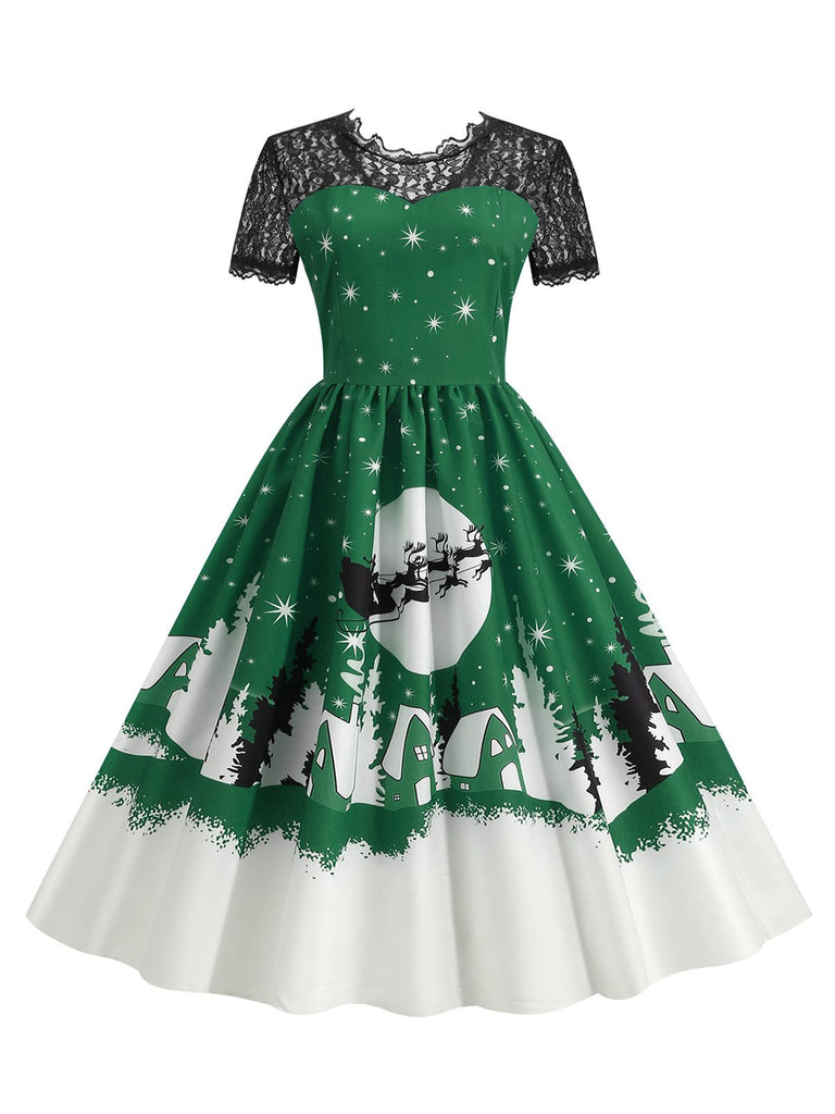 1950s Christmas Print Lace Swing Dress — a 1950s silhouette that turns sidewalks into runways