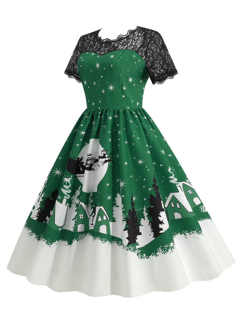 She slips into this 1950s Christmas Print Lace Swing Dress and suddenly it's a 1950s daydream