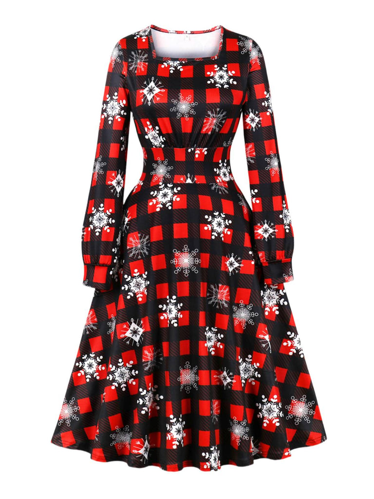 1950s Christmas Square Collar Long Sleeve Dress, vintage dress, retro fashion, rockabilly, pin-up fashion - perfect for women who love vintage and retro fashion