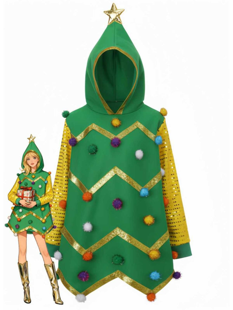 1950s Christmas Tree Hoodie With Colorful Pom Poms - vintage fashion, retro style