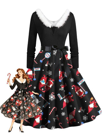 1950s Christmas V-Neck Fur Collar Swing Dress - vintage dress, retro fashion, rockabilly