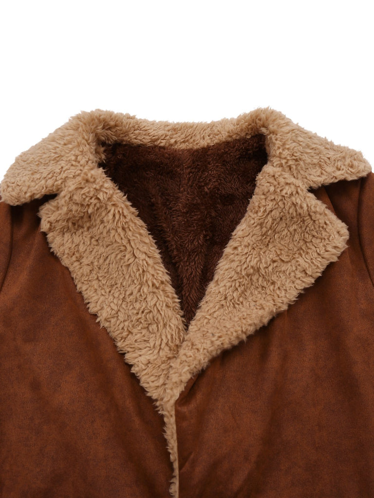 Brown 1950s Faux Suede Notched Collar Button Trench Coat - vintage fashion, retro style