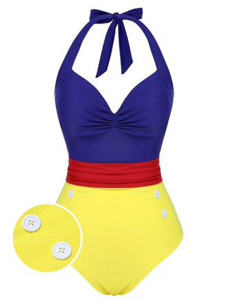 1950s Color Block Lace-Up Halter Swimsuit, vintage swimsuit, pin-up swimwear - perfect for women who love vintage and retro fashion