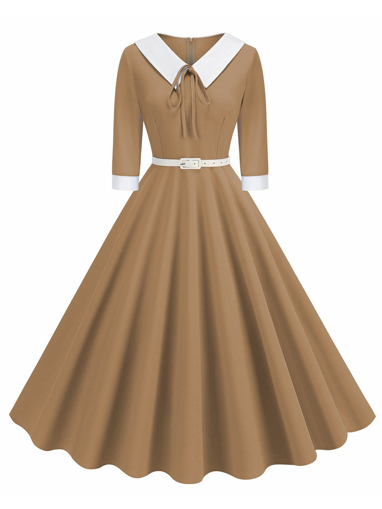 1950s Contrast Tie Neck Belted Lapel Dress: where 1950s romance meets her modern spirit
