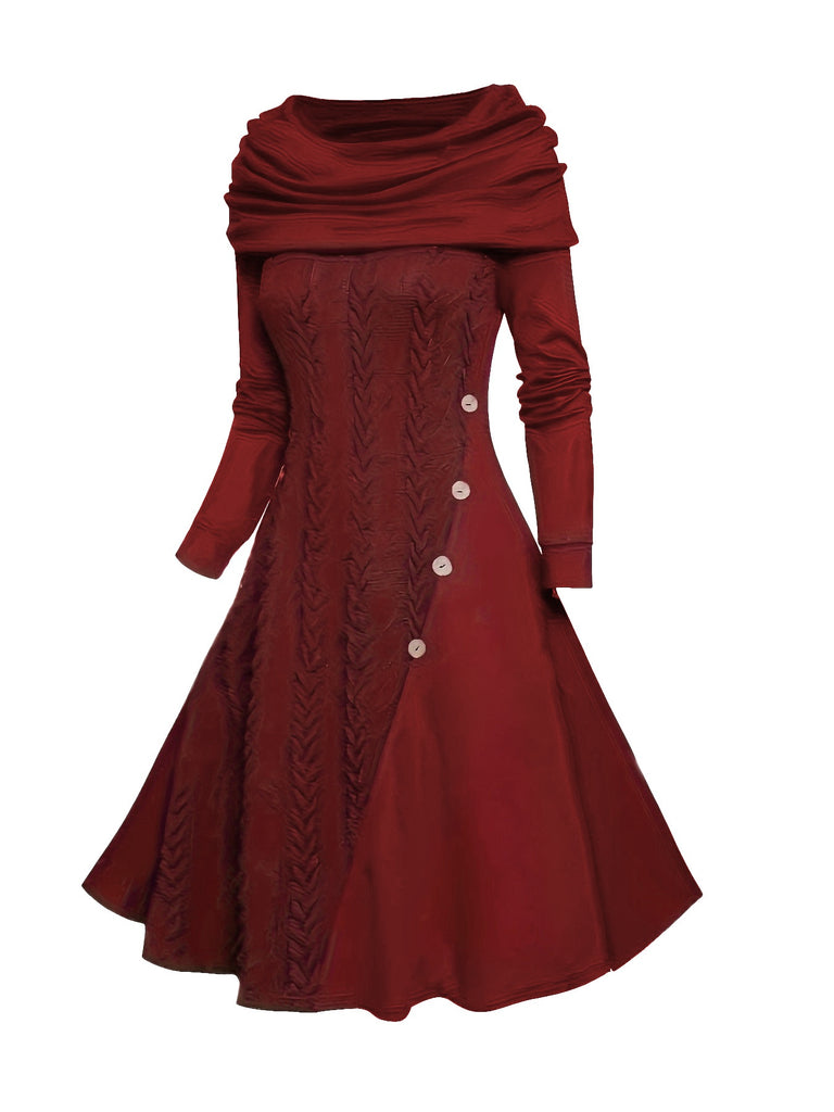 This 1950s Cowl Neck Knit Patchwork Swing Dress wraps her in 1950s elegance, one twirl at a time