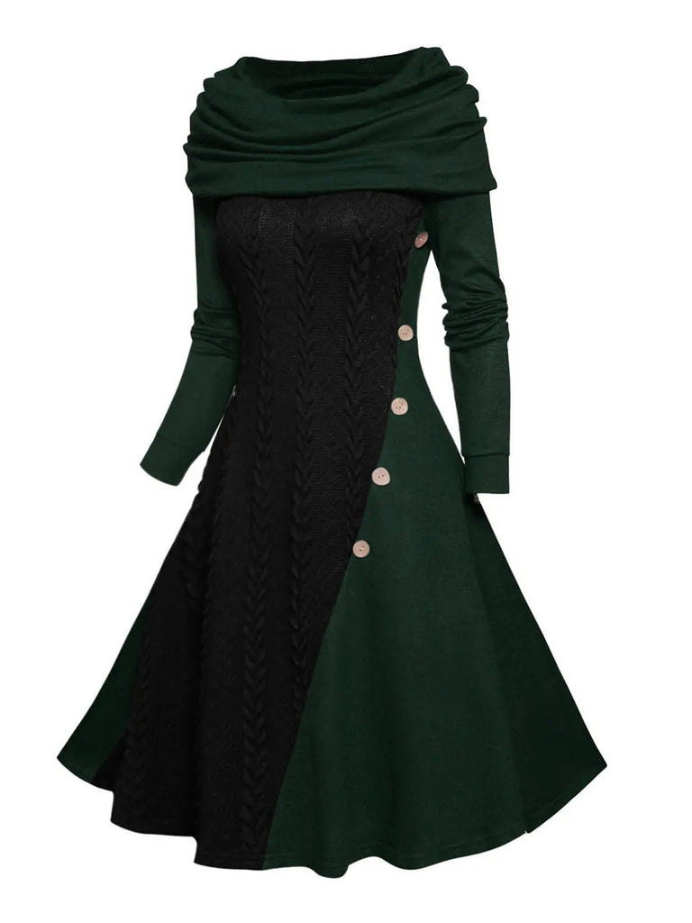 She slips into this 1950s Cowl Neck Knit Patchwork Swing Dress and suddenly it's a 1950s daydream