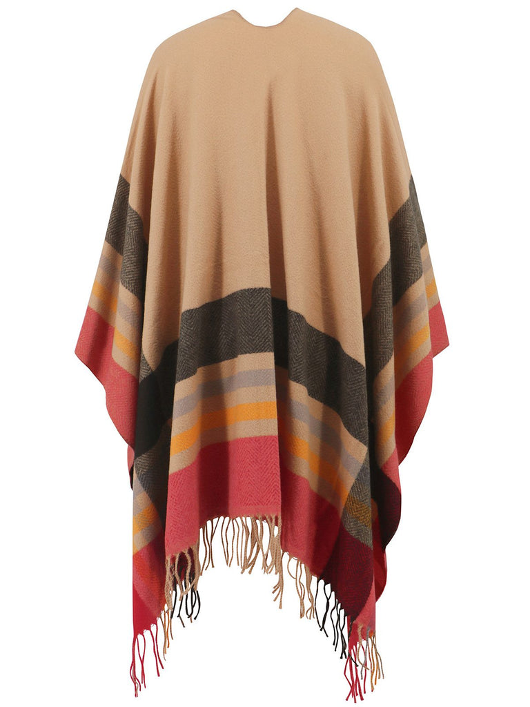 1950s Cozy Windproof Striped Tassel Poncho Coat - vintage fashion, retro style