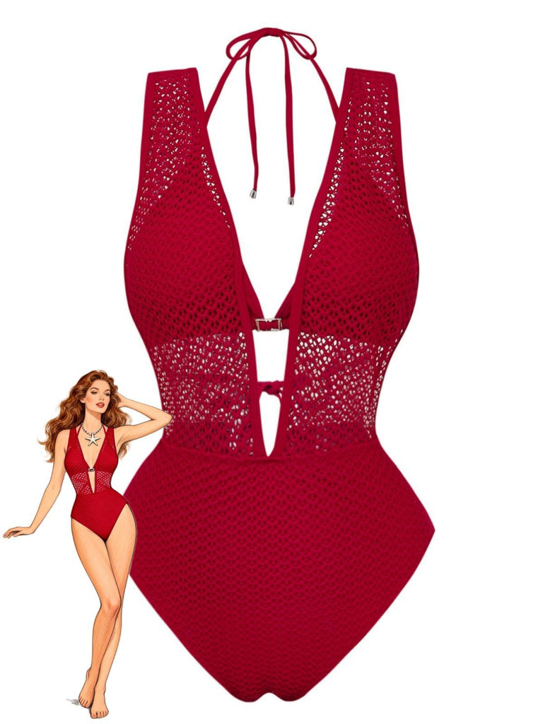 1950s Deep V-Neck Crochet Mesh Halter Swimsuit Set - vintage swimsuit, pin-up style