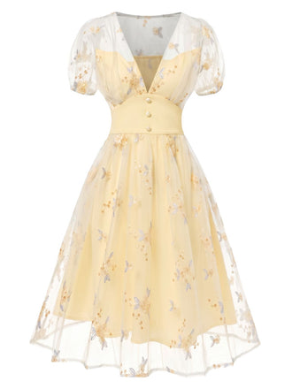 White 1950s Deep V-Neck Embroidered Floral Dress, vintage dress, retro fashion, rockabilly, pin-up fashion - perfect for women who love vintage and retro fashion
