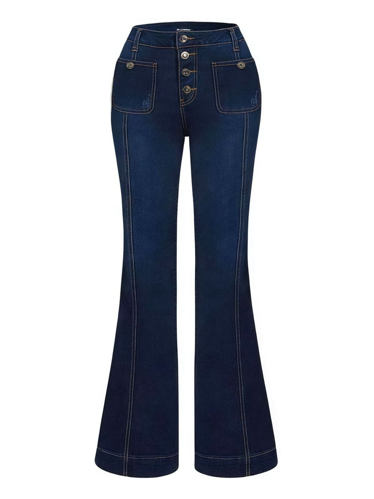 1950s Denim Flared Long Pockets Jeans - vintage fashion, retro style, elegant red