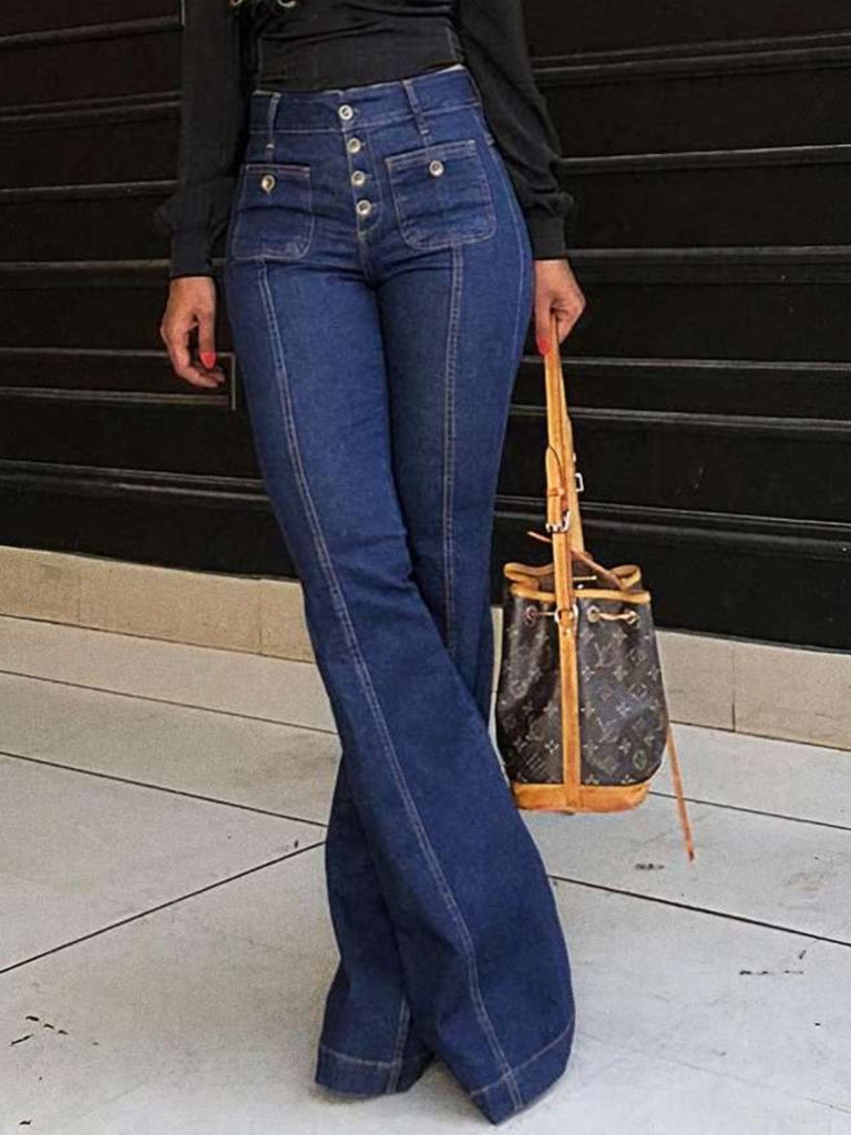 1950s Denim Flared Long Pockets Jeans - vintage fashion, retro style, elegant red