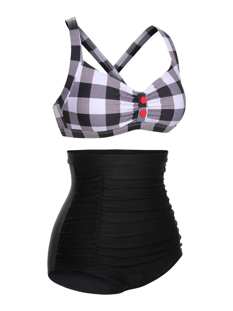 1950s Double Strap Buttoned Plaids Swimsuit — 1950s poolside glamour meets sun-drenched confidence