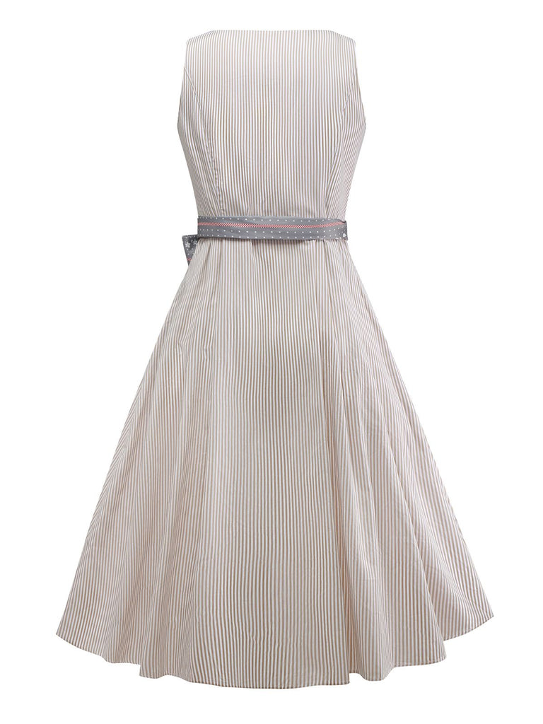 2PCS Beige 1950s Vertical Striped Dress & Floral Apron - vintage dress, retro fashion, rockabilly