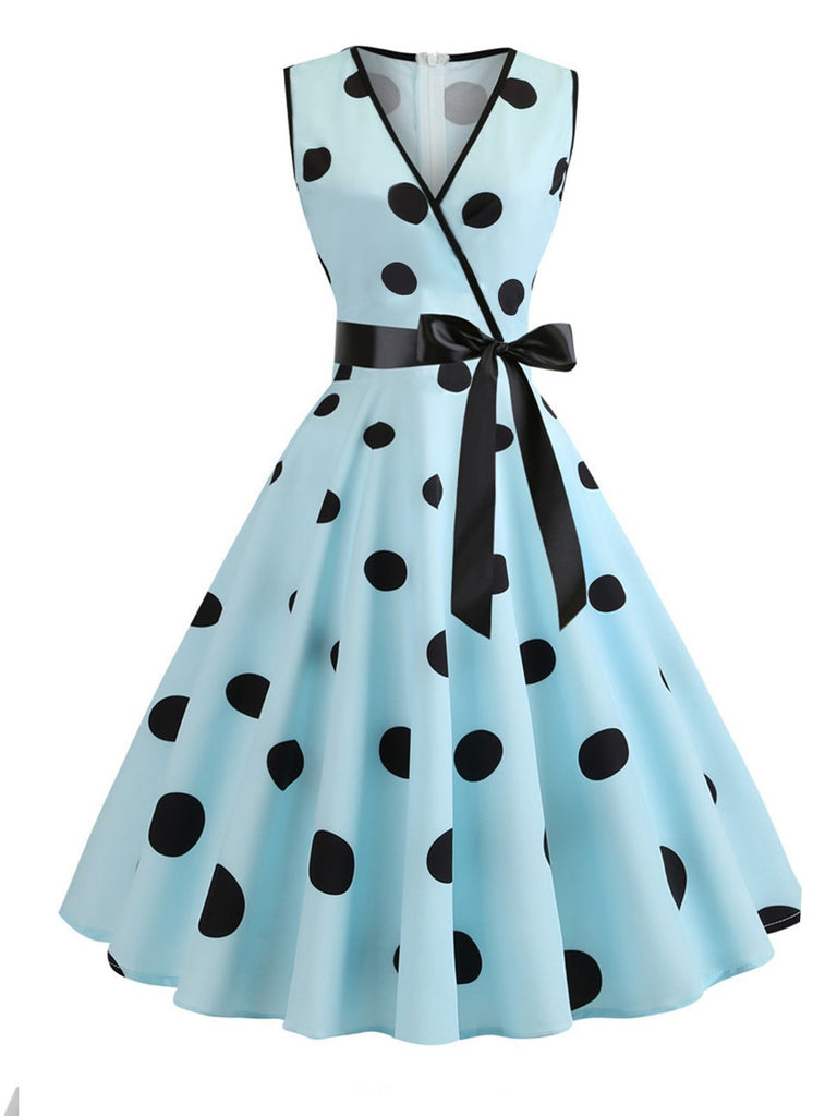 2PCS Blue 1950s Embroidery Pockets Dress & Bow Polka Dot Dress - vintage dress, retro fashion, rockabilly