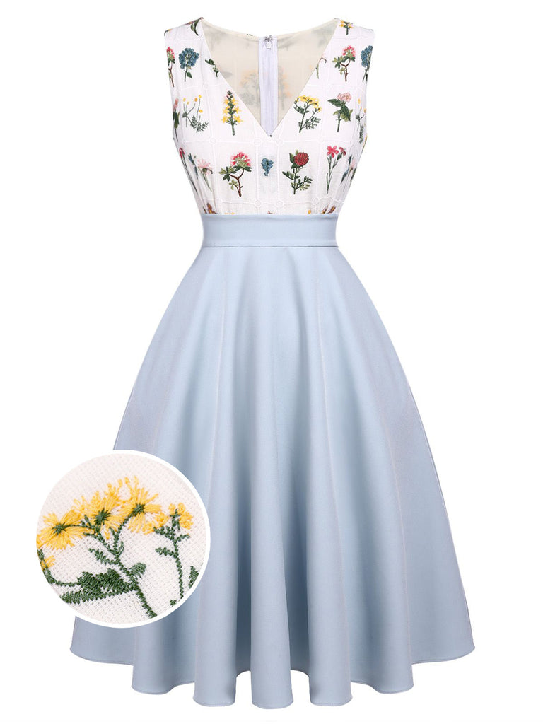 2PCS Blue 1950s Embroidery Pockets Dress & Bow Polka Dot Dress - vintage dress, retro fashion, rockabilly