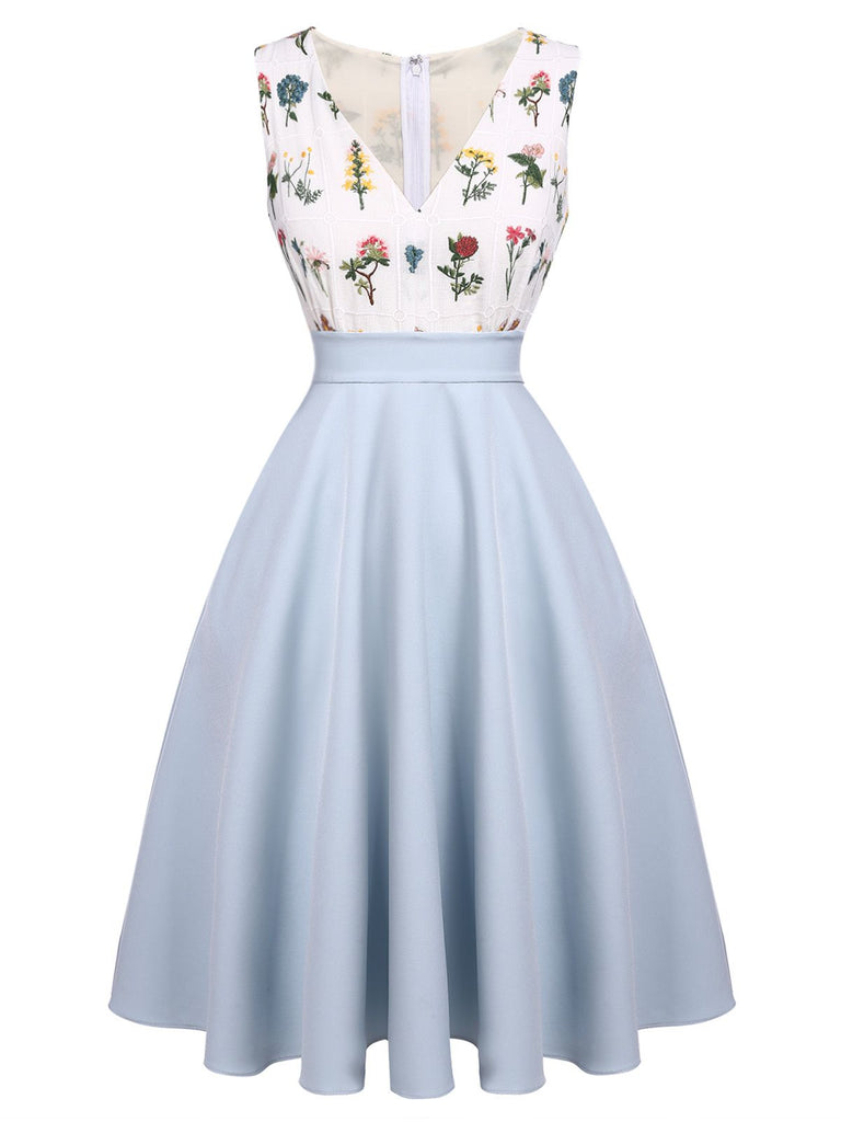2PCS Blue 1950s Embroidery Pockets Dress & Bow Polka Dot Dress - vintage dress, retro fashion, rockabilly
