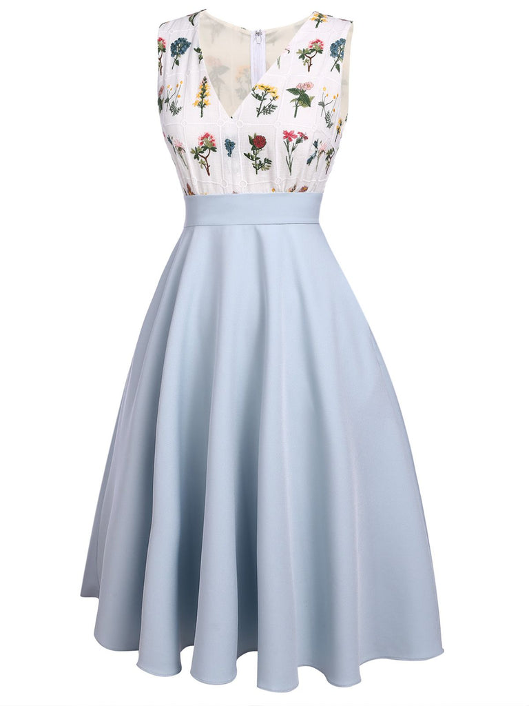 2PCS Blue 1950s Embroidery Pockets Dress & Bow Polka Dot Dress - vintage dress, retro fashion, rockabilly