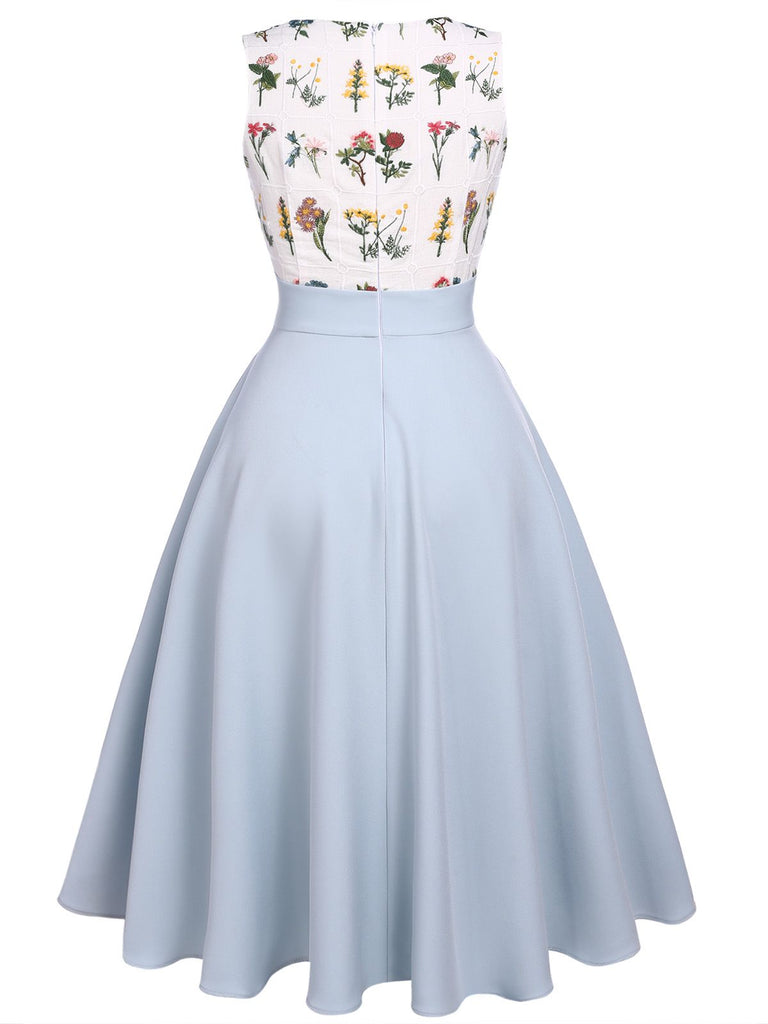 2PCS Blue 1950s Embroidery Pockets Dress & Bow Polka Dot Dress - vintage dress, retro fashion, rockabilly