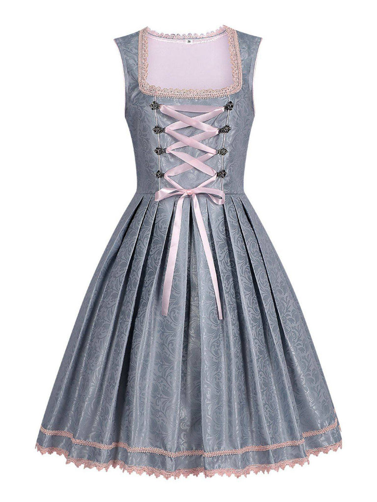 2PCS Blue Grey 1950s Floral Dress & Mesh Embroidered Apron - vintage dress, retro fashion, rockabilly