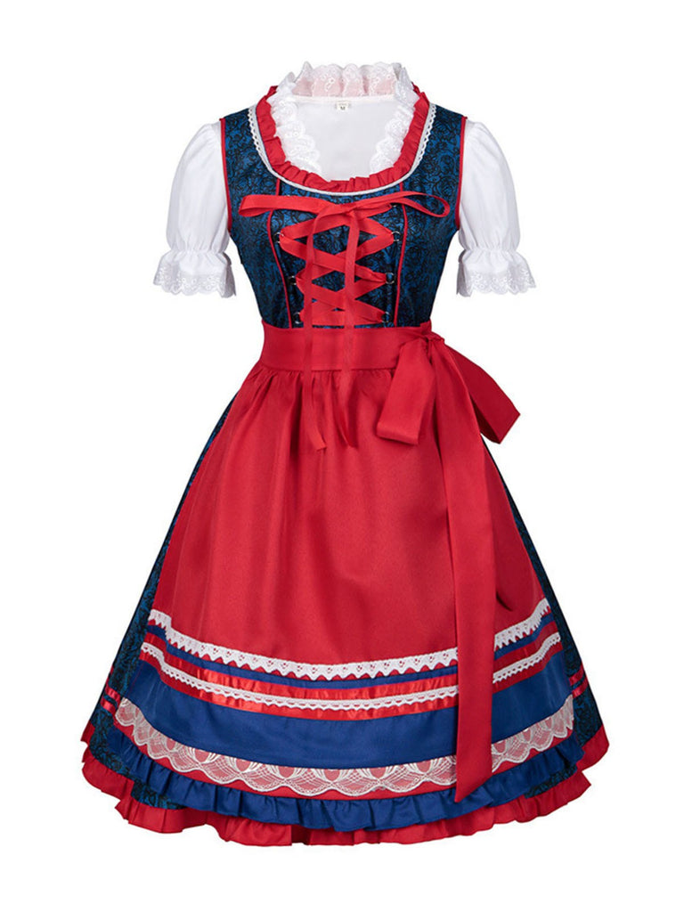 2PCS Blue 1950s Oktoberfest Bavarian Carnival Dress & Red Apron - vintage dress, retro fashion, rockabilly