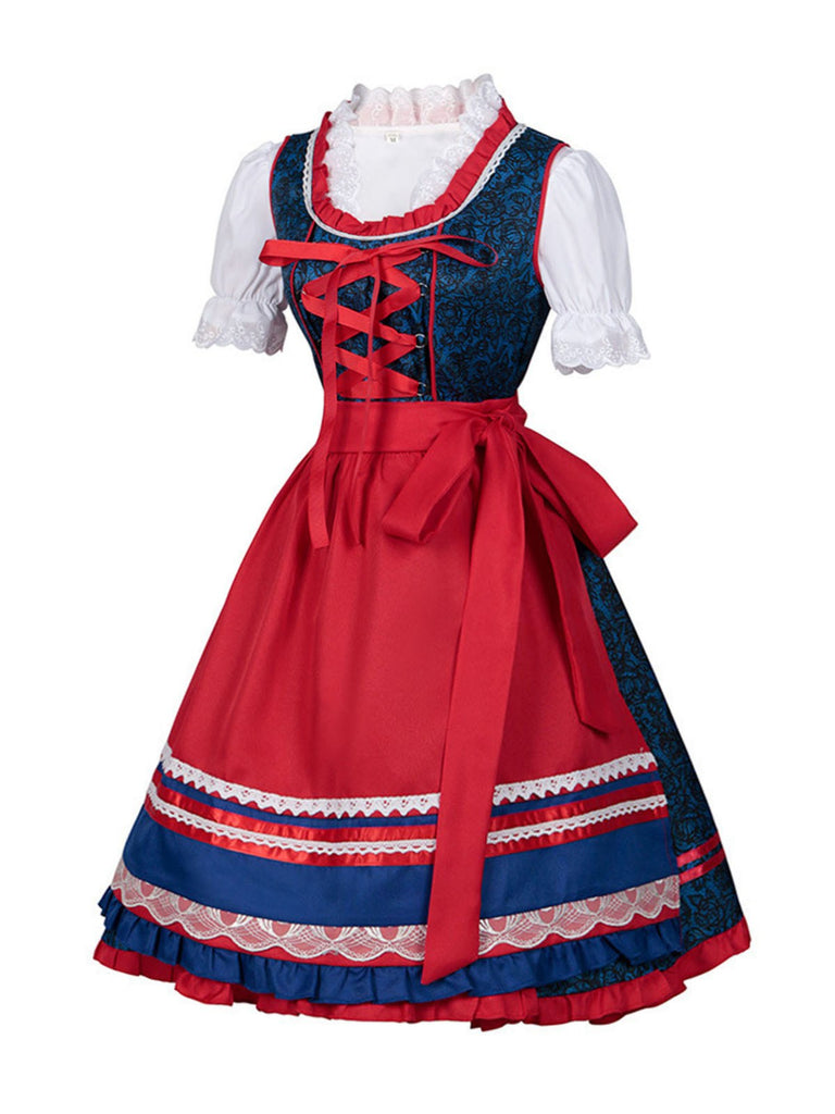 2PCS Blue 1950s Oktoberfest Bavarian Carnival Dress & Red Apron - vintage dress, retro fashion, rockabilly